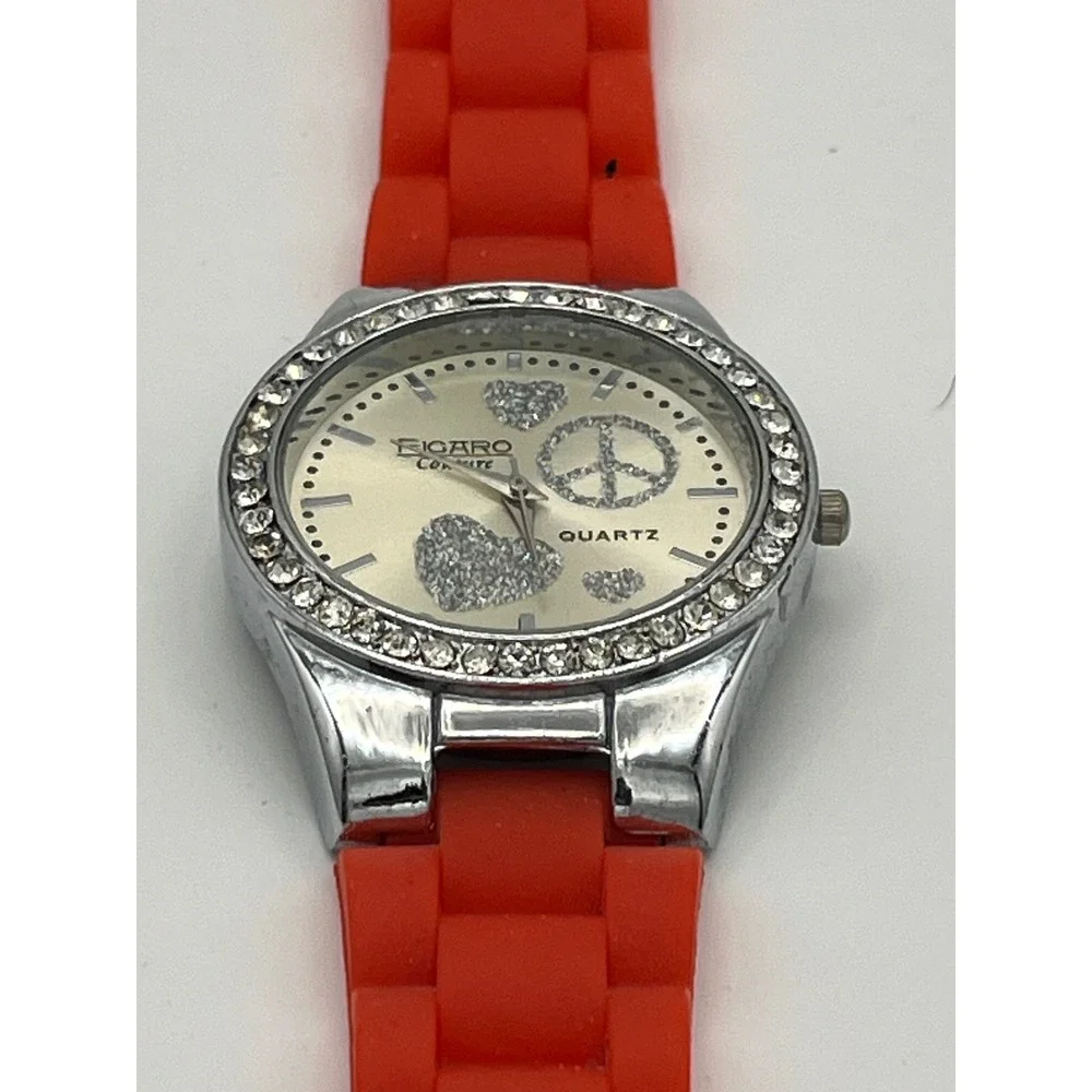 Figaro Couture Red Silicone Rhinestone Peace Heart Quartz Fashion Watch
